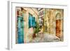 Pictorial Old Streets Of Greece - Picture In Painting Style-Maugli-l-Framed Art Print