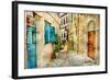 Pictorial Old Streets Of Greece - Picture In Painting Style-Maugli-l-Framed Art Print