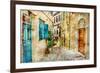 Pictorial Old Streets Of Greece - Picture In Painting Style-Maugli-l-Framed Art Print