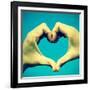 Picture Of Man Hands Forming A Heart Over The Blue Sky, With A Retro Effect-nito-Framed Art Print