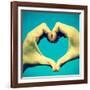 Picture Of Man Hands Forming A Heart Over The Blue Sky, With A Retro Effect-nito-Framed Art Print