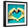 Picture Of Man Hands Forming A Heart Over The Blue Sky, With A Retro Effect-nito-Framed Art Print