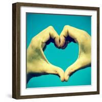 Picture Of Man Hands Forming A Heart Over The Blue Sky, With A Retro Effect-nito-Framed Art Print