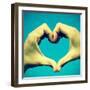 Picture Of Man Hands Forming A Heart Over The Blue Sky, With A Retro Effect-nito-Framed Art Print