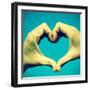 Picture Of Man Hands Forming A Heart Over The Blue Sky, With A Retro Effect-nito-Framed Art Print