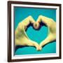 Picture Of Man Hands Forming A Heart Over The Blue Sky, With A Retro Effect-nito-Framed Art Print