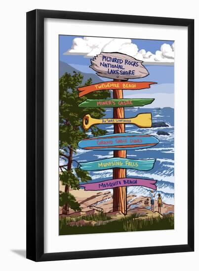 Pictured Rocks National Lakeshore, Michigan - Signpost-Lantern Press-Framed Art Print