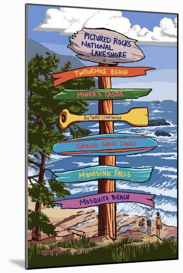 Pictured Rocks National Lakeshore, Michigan - Signpost-Lantern Press-Mounted Art Print
