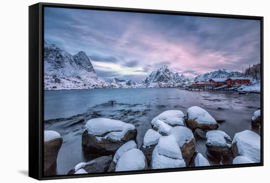 Picturesque Sunrise in the Bay of Reine with the Typical Norwegian Rorbu, Lofoten Islands, Norway-Roberto Moiola-Framed Stretched Canvas