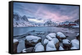 Picturesque Sunrise in the Bay of Reine with the Typical Norwegian Rorbu, Lofoten Islands, Norway-Roberto Moiola-Framed Stretched Canvas