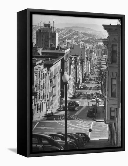 Picturesque View of Cable Car Coming Up the Hill in Light Auto Traffic-Andreas Feininger-Framed Stretched Canvas