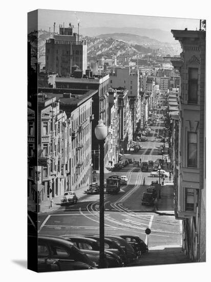 Picturesque View of Cable Car Coming Up the Hill in Light Auto Traffic-Andreas Feininger-Stretched Canvas