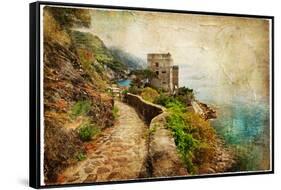 Picturesue Italian Coast - Artwork In Retro Painting Style-Maugli-l-Framed Stretched Canvas
