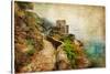 Picturesue Italian Coast - Artwork In Retro Painting Style-Maugli-l-Stretched Canvas