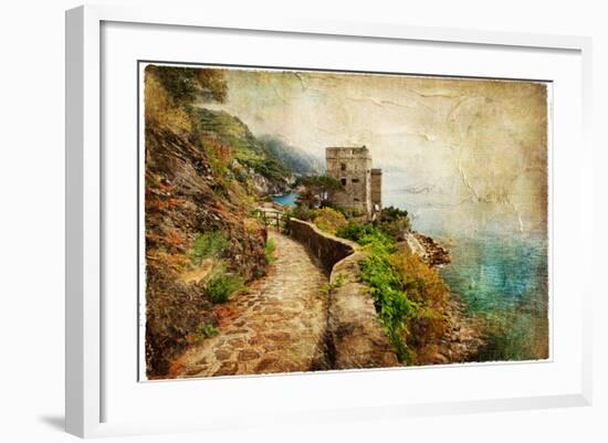 Picturesue Italian Coast - Artwork In Retro Painting Style-Maugli-l-Framed Art Print