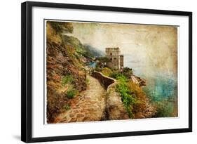 Picturesue Italian Coast - Artwork In Retro Painting Style-Maugli-l-Framed Art Print