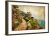 Picturesue Italian Coast - Artwork In Retro Painting Style-Maugli-l-Framed Art Print