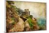 Picturesue Italian Coast - Artwork In Retro Painting Style-Maugli-l-Mounted Art Print