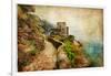 Picturesue Italian Coast - Artwork In Retro Painting Style-Maugli-l-Framed Art Print