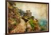 Picturesue Italian Coast - Artwork In Retro Painting Style-Maugli-l-Framed Art Print