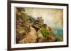 Picturesue Italian Coast - Artwork In Retro Painting Style-Maugli-l-Framed Art Print