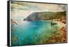 Picturesue Italian Coast - Artwork In Retro Painting Style-Maugli-l-Framed Stretched Canvas