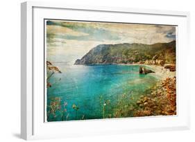 Picturesue Italian Coast - Artwork In Retro Painting Style-Maugli-l-Framed Art Print