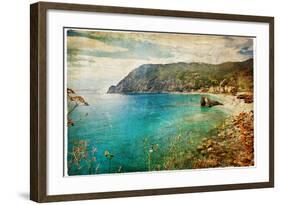 Picturesue Italian Coast - Artwork In Retro Painting Style-Maugli-l-Framed Art Print