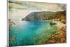 Picturesue Italian Coast - Artwork In Retro Painting Style-Maugli-l-Mounted Art Print