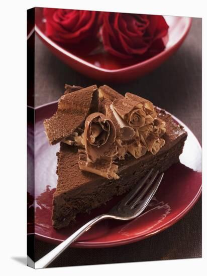 Piece of Chocolate Cake with Chocolate Curls, Red Roses-null-Stretched Canvas