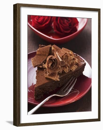 Piece of Chocolate Cake with Chocolate Curls, Red Roses-null-Framed Photographic Print