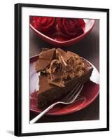 Piece of Chocolate Cake with Chocolate Curls, Red Roses-null-Framed Photographic Print