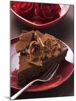 Piece of Chocolate Cake with Chocolate Curls, Red Roses-null-Mounted Photographic Print
