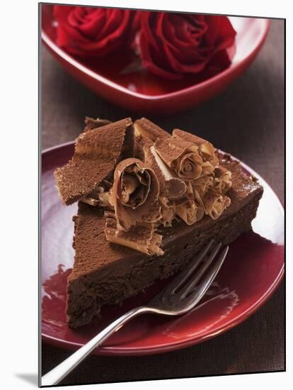 Piece of Chocolate Cake with Chocolate Curls, Red Roses-null-Mounted Photographic Print