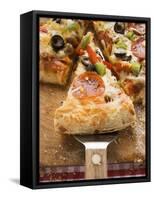 Piece of Pepperoni Pizza with Peppers and Olives on Server-null-Framed Stretched Canvas