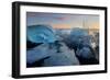 Pieces of glacial ice over black sand being washed by waves, Iceland-Raul Touzon-Framed Photographic Print