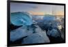 Pieces of glacial ice over black sand being washed by waves, Iceland-Raul Touzon-Framed Photographic Print