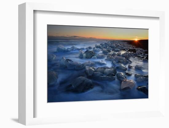 Pieces of glacial ice over black sand being washed by waves, Iceland-Raul Touzon-Framed Photographic Print