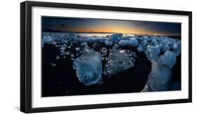 Pieces of glacial ice over black sand being washed by waves, Iceland-Raul Touzon-Framed Photographic Print