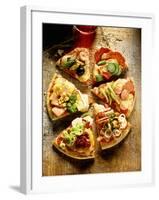 Pieces of Pizza with Different Toppings, on Wooden Background-null-Framed Photographic Print