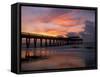 Pier at Sunrise with Reflections of Clouds on Beach, Tybee Island, Georgia, USA-Joanne Wells-Framed Stretched Canvas