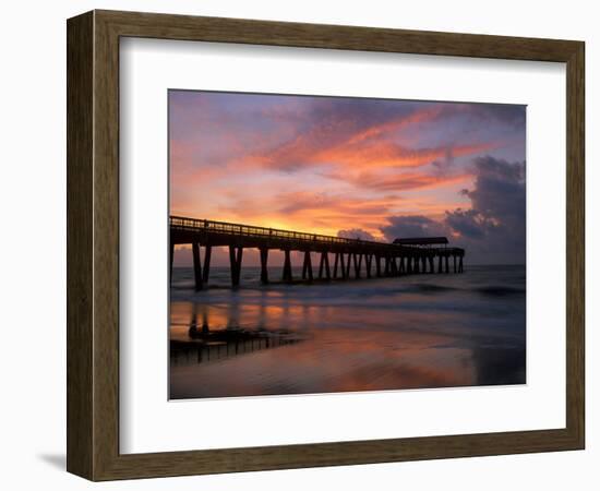 Pier at Sunrise with Reflections of Clouds on Beach, Tybee Island, Georgia, USA-Joanne Wells-Framed Photographic Print