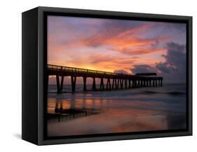 Pier at Sunrise with Reflections of Clouds on Beach, Tybee Island, Georgia, USA-Joanne Wells-Framed Stretched Canvas