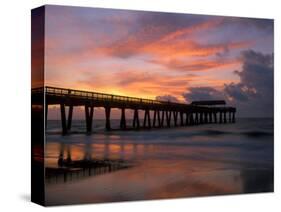Pier at Sunrise with Reflections of Clouds on Beach, Tybee Island, Georgia, USA-Joanne Wells-Stretched Canvas