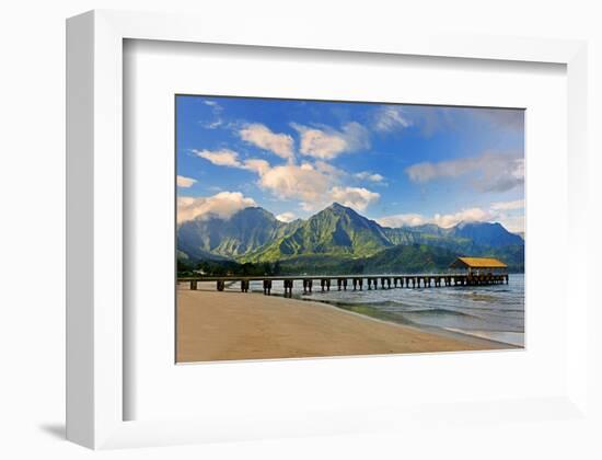 Pier on Hanalei Beach, Island of Kauai, Hawaii, USA-null-Framed Art Print