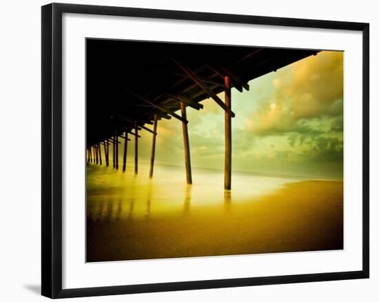 Pier over Calm Waters and Golden Sand-Jan Lakey-Framed Photographic Print