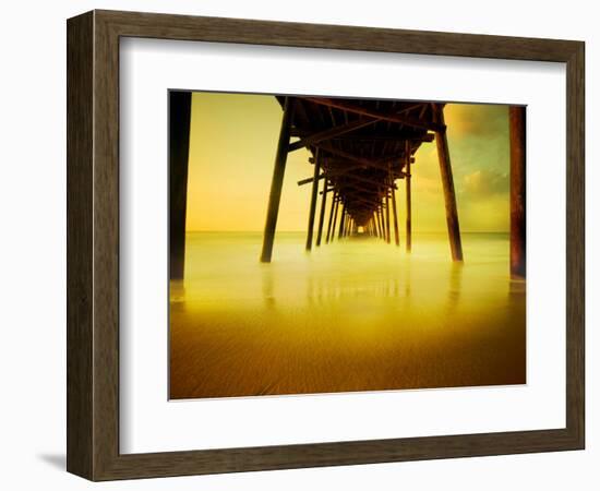 Pier over Golden Sand and Water-Jan Lakey-Framed Photographic Print