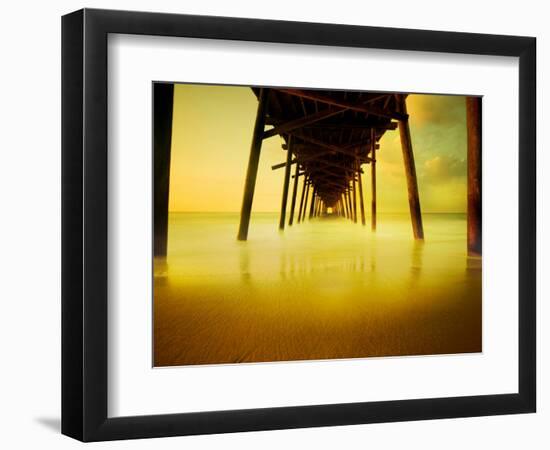 Pier over Golden Sand and Water-Jan Lakey-Framed Photographic Print