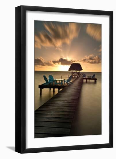 Pier with Palapa on Caribbean Sea at Sunrise, Caye Caulker Pier, Belize-null-Framed Photographic Print