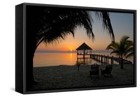 Pier with Palapa on Caribbean Sea at Sunrise, Maya Beach, Stann Creek District, Belize-null-Framed Stretched Canvas